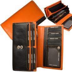 RFID Protection - Große Damenbörse mit 13 Kartenfächern - Rind Nappa Leder schwarz/orange