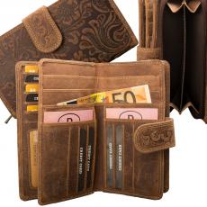 RFID Protection - Große Hunterleder Damenbörse mit Prägemotiv - braun