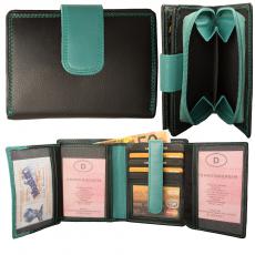 RFID Protection - Mittelgroße Rindleder Damenbörse mit 14 Kartenfächern - schwarz/tuerkis