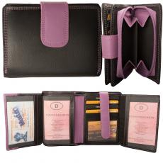 RFID Protection - Mittelgroße Rindleder Damenbörse mit 14 Kartenfächern - schwarz/violett