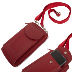 Neue Größe - Smartphone Umhängetasche mit 6 Kartenfächern, Kleingeldfach - Rindleder rot