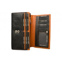 RFID Protection - Große Damenbörse mit 13 Kartenfächern - Rind Nappa Leder schwarz/orange