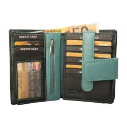 RFID Protection - Mittelgroße Rindleder Damenbörse mit 14 Kartenfächern - schwarz/tuerkis