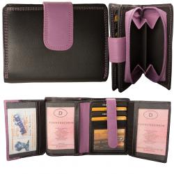 RFID Protection - Mittelgroße Rindleder Damenbörse mit 14 Kartenfächern - schwarz/violett