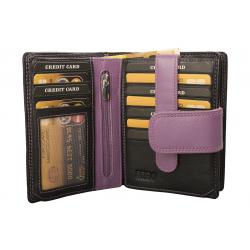 RFID Protection - Mittelgroße Rindleder Damenbörse mit 14 Kartenfächern - schwarz/violett