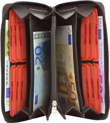 Große Damenbörse - 1 Reißverschluss rundum mit Außentasche - Vollrind Leder dunkelbraun
